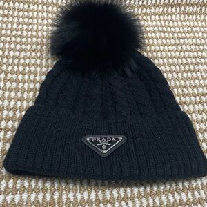 Prada Black Knit Beanie with Pom Pom